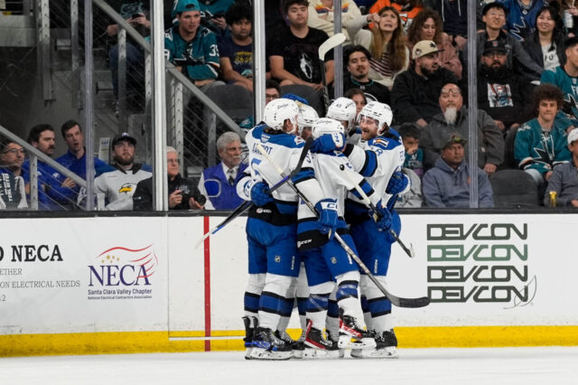 SAN JOSE, CALIFORNIA - MAY 2: The San Jose Barracuda against the Colorado Eagles during Round 2, Game 1 of the Calder Cup Playoffs at Tech CU Arena on May 2, 2025 in San Jose, California (Photo by Andreea Cardani/San Jose Barracuda)
