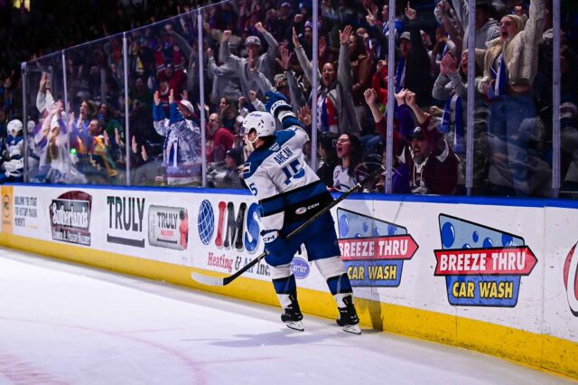 Jack Ahcan celebrates his overtime winning goal on December 20, 2025 against the Silver Knights. (Photo courtesy of Colorado Eagles)