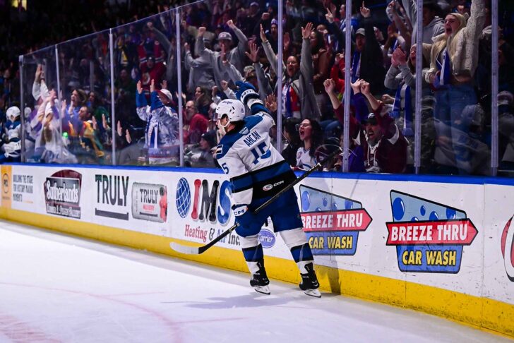 Jack Ahcan celebrates his overtime winning goal on December 20, 2025 against the Silver Knights. (Photo courtesy of Colorado Eagles)