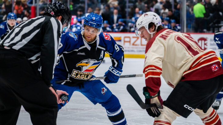 TJ Tynan awaits a faceoff against Tucson.