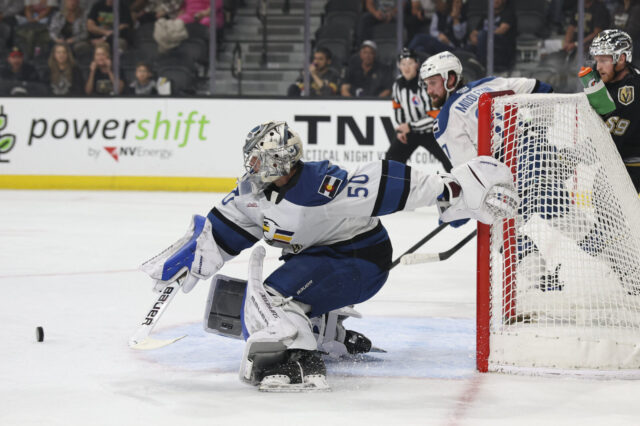 Trent Miner makes a save in his shutout win against the Henderson Silver Knights.