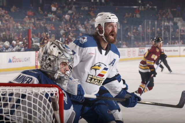 Keaton Middleton in front of Trent Miner's net in game three of the Western Conference Finals. (Photo courtesy of Chicago Wolves.)