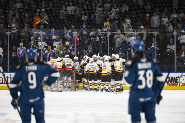 The defeated Eagles watch the Wolves celebrate their Western Conference win.